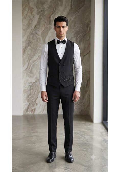 Smoking Uomo Luxury Total Black  Abito da Cerimonia 3 Pezzi con Cristalli, Gilet e Papillon Coordinato RAbin | Abiti | ABITO SWARISKY NERONERO